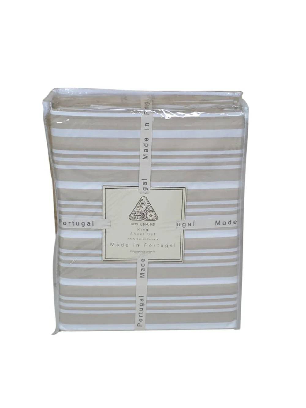 Alda Texteis  Portugal King Sheet Set 100% Cotton Percale Beige & White Stripes